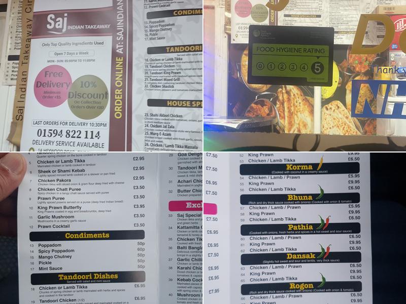 Saj Indian Limited Menu