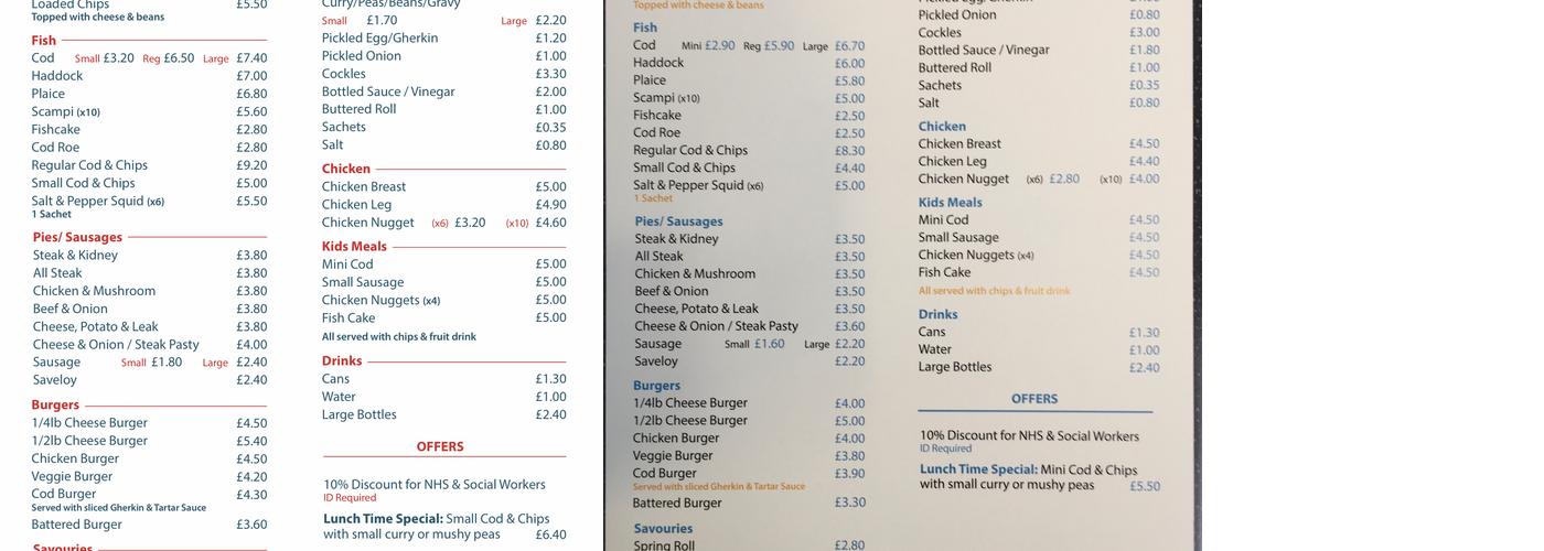 Cirencester Watermoor fish & chips shop Menu