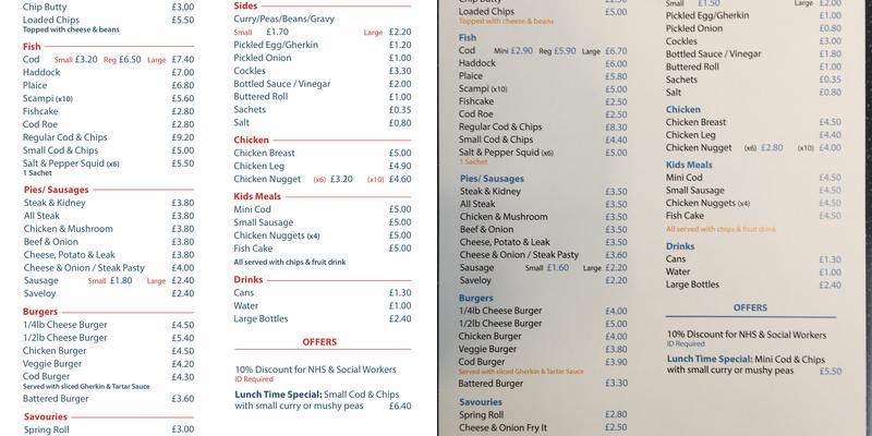 Cirencester Watermoor fish & chips shop Menu