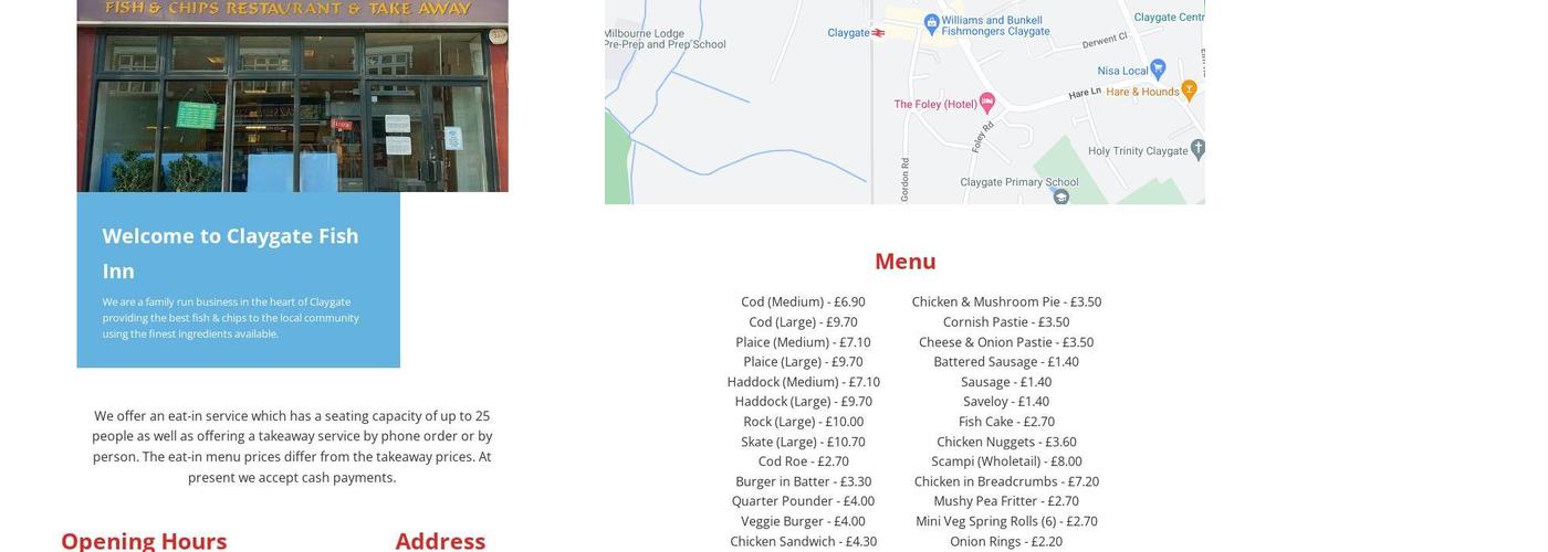 Claygate Fish Inn Menu