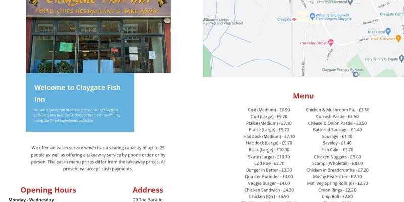Claygate Fish Inn Menu