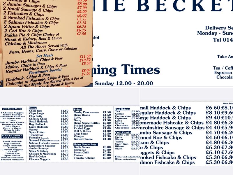 Ernie Becketts Menu
