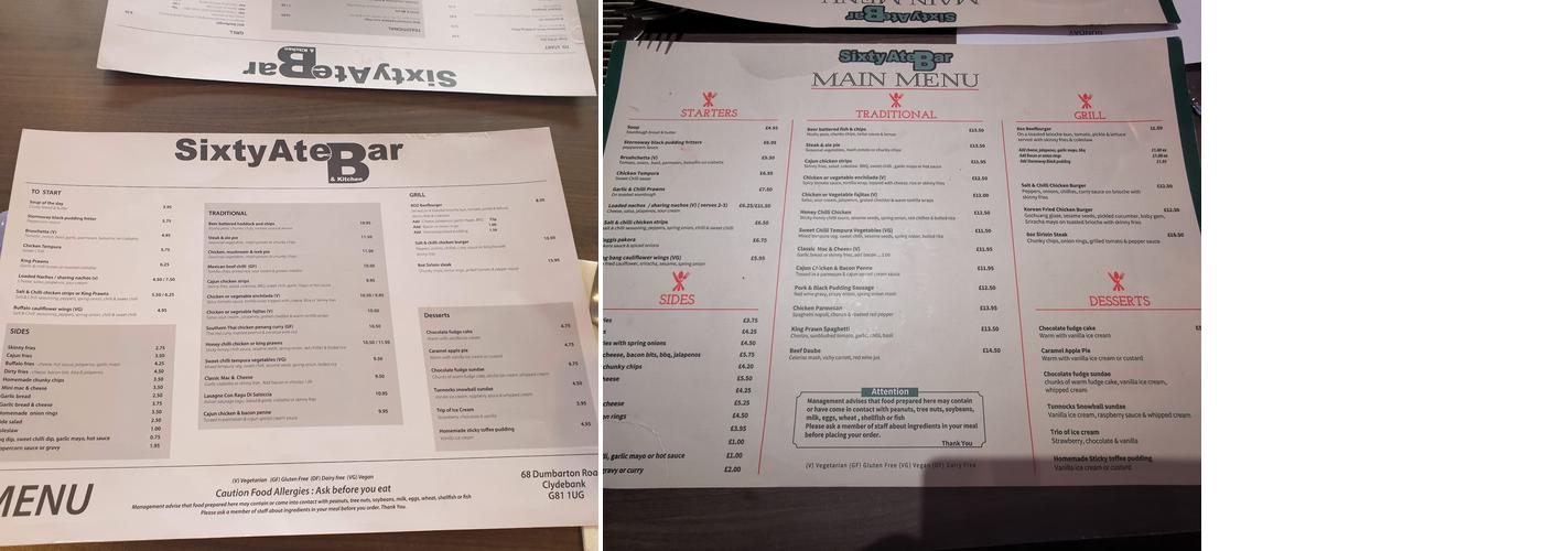 Sixty Ate Bar and Kitchen Menu