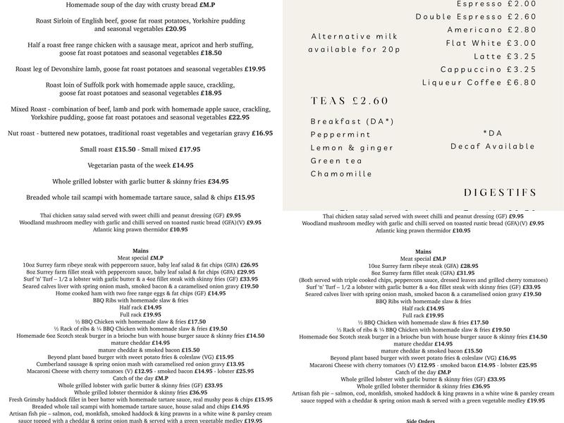 The Running Mare. Menu