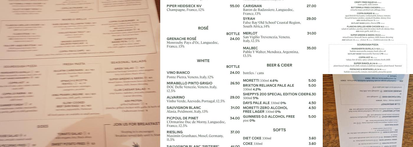 Coppa Club, Cobham Menu