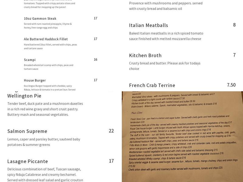 The Royal Oak Menu