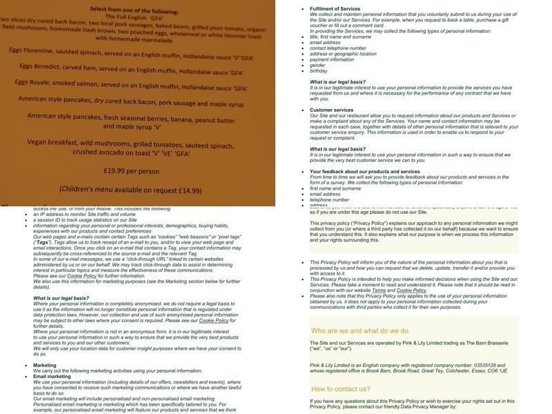 The Barn Brasserie, Great Tey Menu