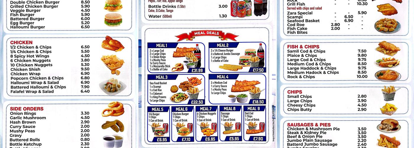 Zara's Fish Bar Menu