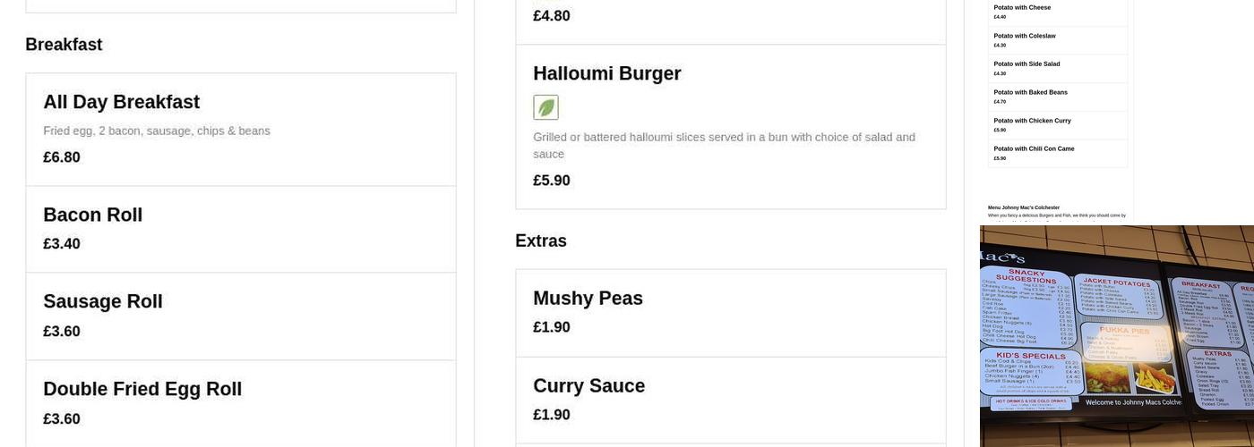 Johnny Mac's Fish & Chips - Colchester Menu