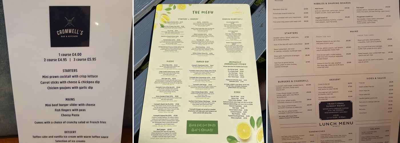 Cromwell's Collingham Menu