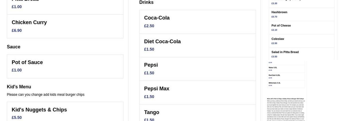 Ali's Fish & Chips, Kebab, Pizza & Burger Menu