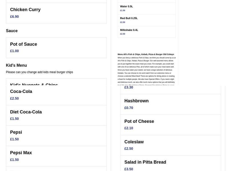 Ali's Fish & Chips, Kebab, Pizza & Burger Menu