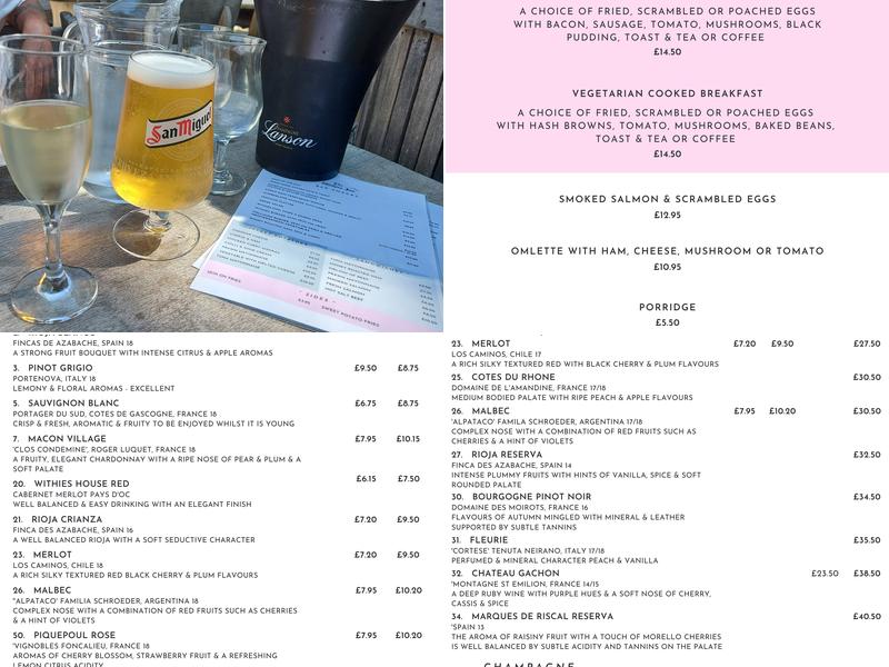 The Withies Inn Menu