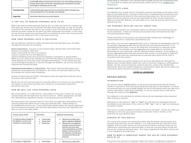 Prema's Kitchen Menu