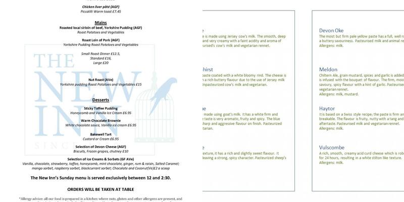 The New Inn Menu