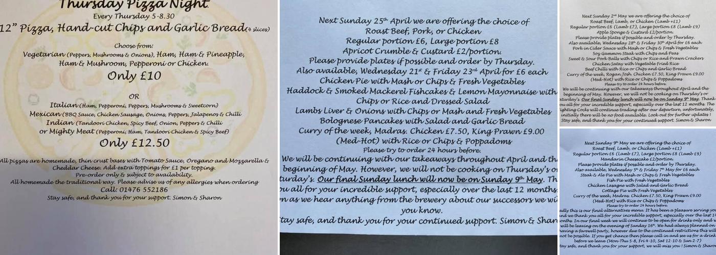 Fighting Cocks Inn Menu