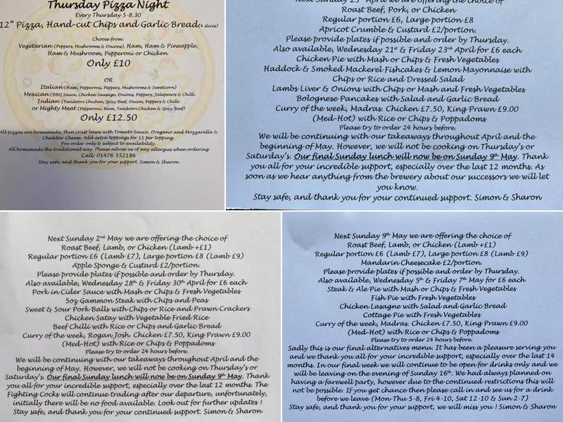 Fighting Cocks Inn Menu