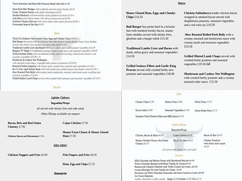 The Bull Corringham Menu