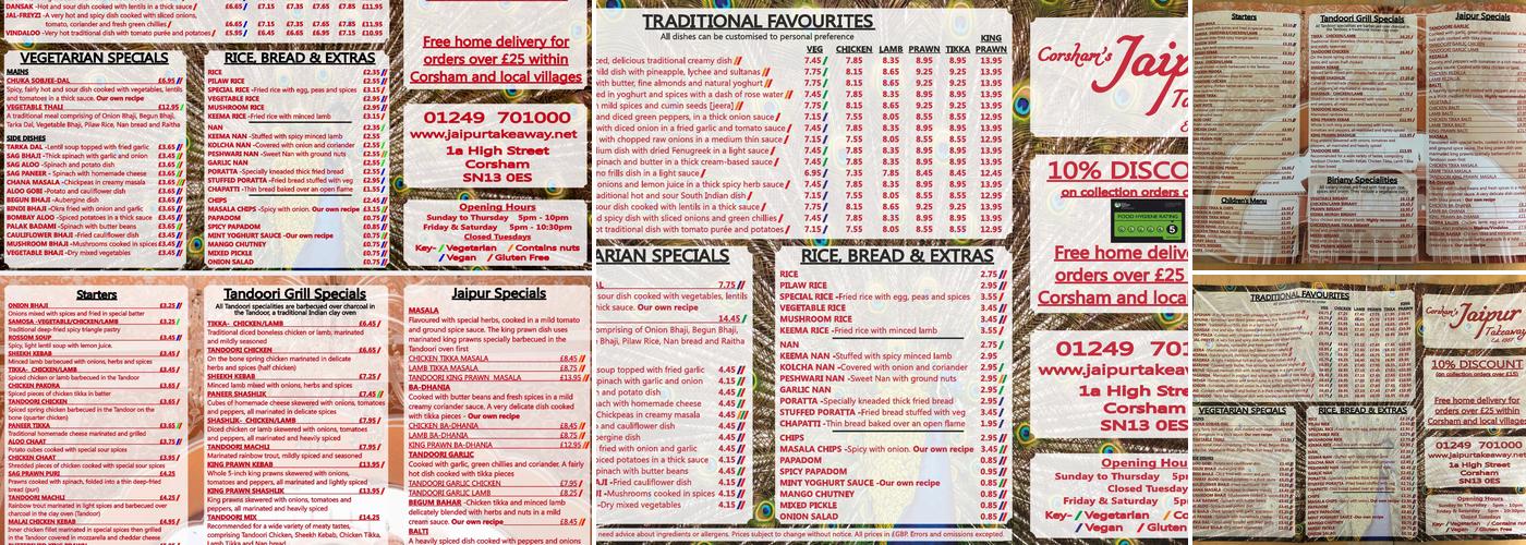 Corsham’s Jaipur Takeaway Menu