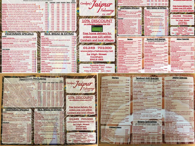 Corsham’s Jaipur Takeaway Menu