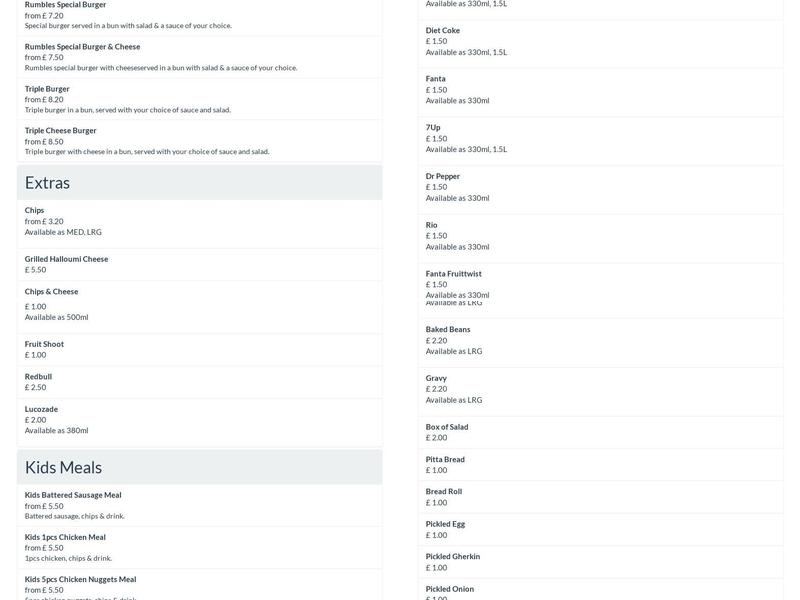 Rumbles Fish Bar Menu