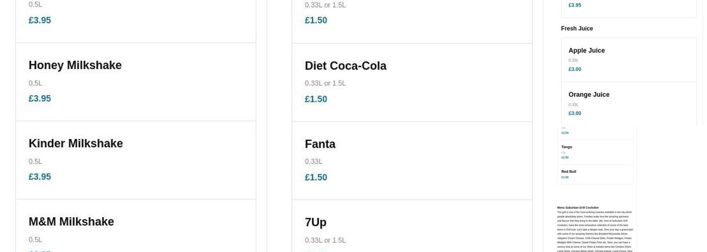 Suburban Grill Coulsdon Menu