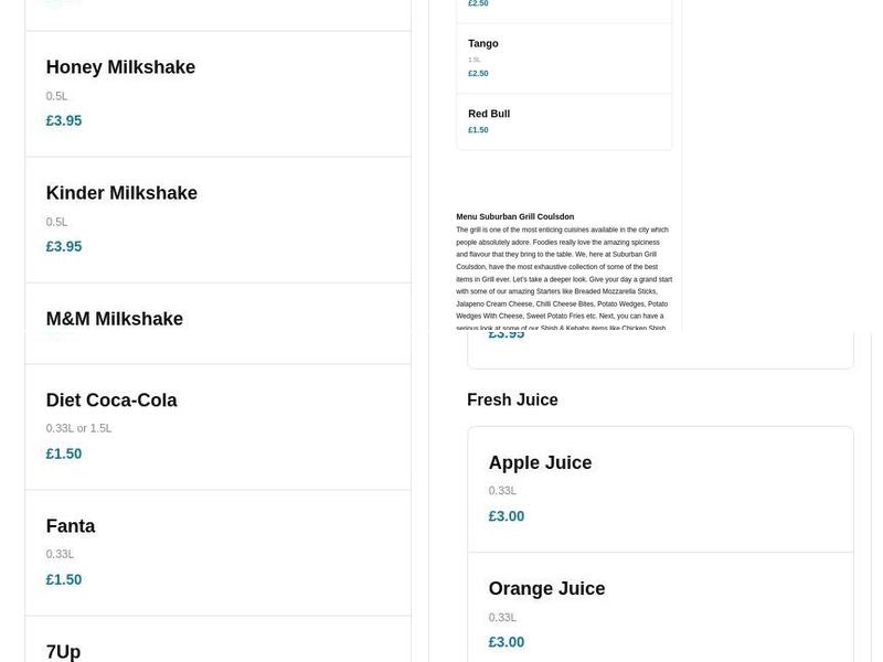 Suburban Grill Coulsdon Menu