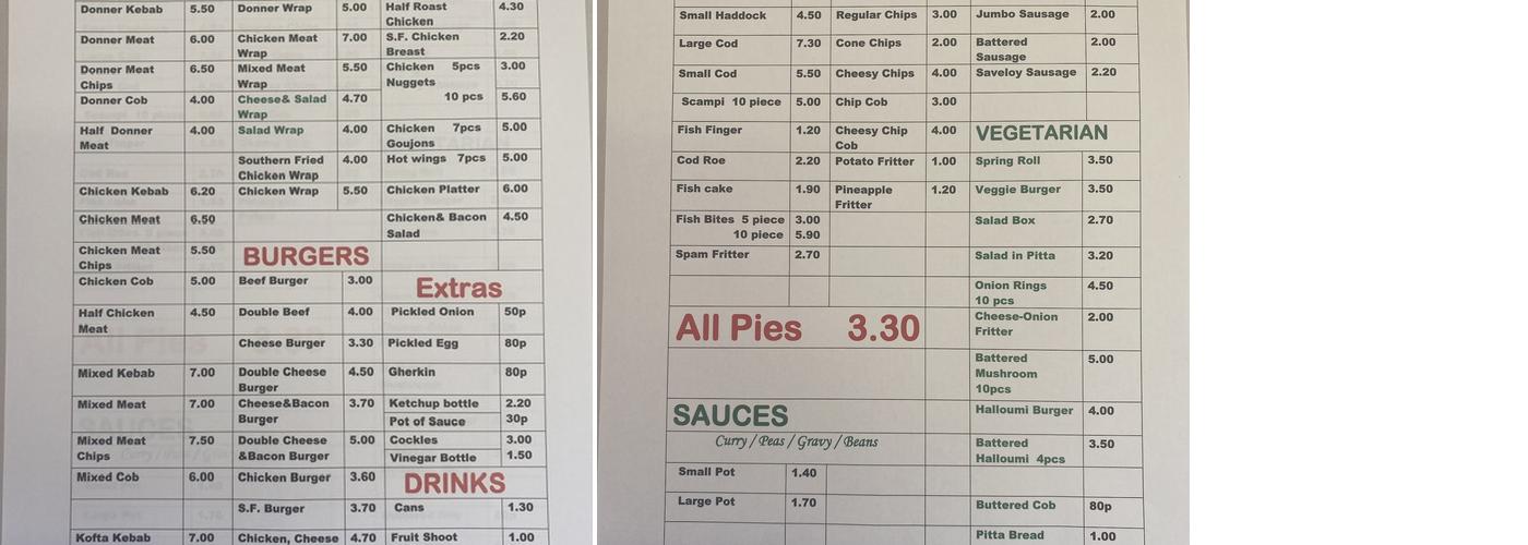 Countesthorpe Fish Bar Menu