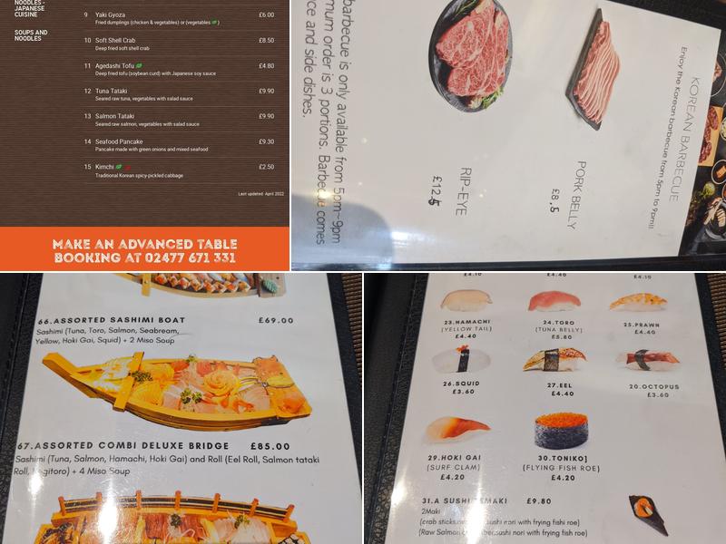 A Sushi Japanese and Korean Restaurant Menu