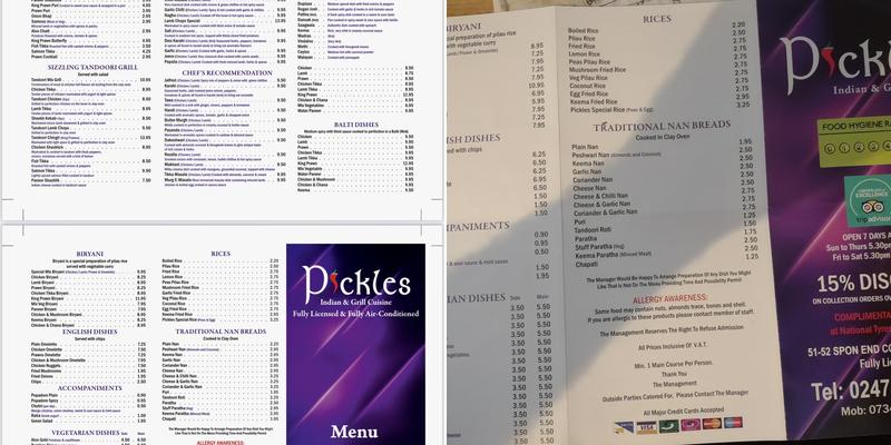 Pickles Indian And Grill Cuisine Menu