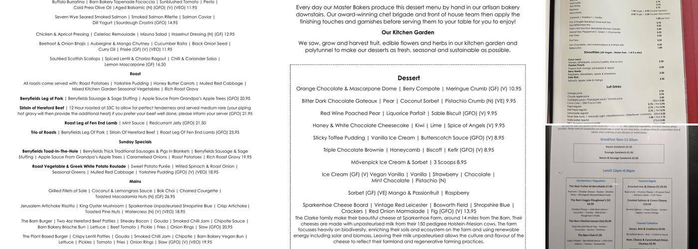 The Barn At Berryfields Menu