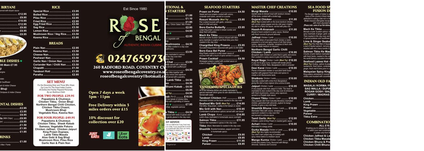 Rose Of Bengal Menu