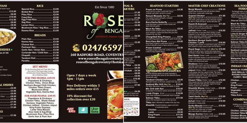 Rose Of Bengal Menu