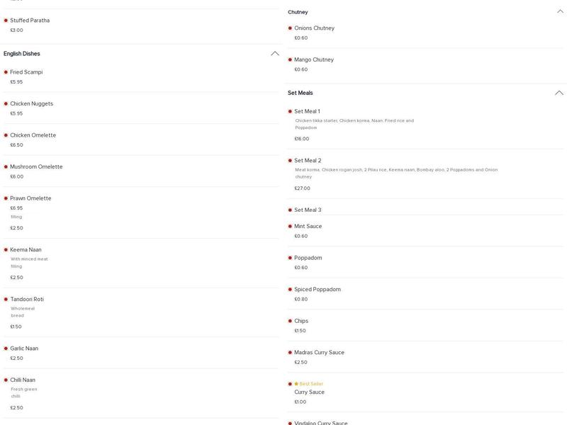 Jasmine Indian Takeaway Menu