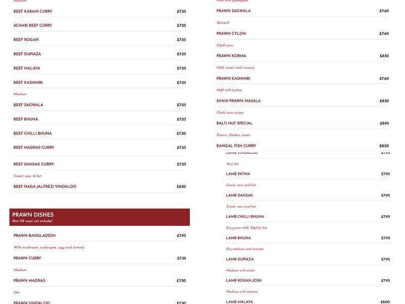 Balti Hut Indian Takeaway Menu