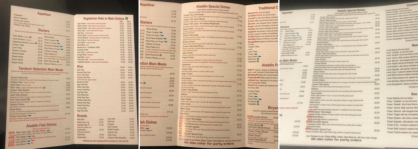 Aladdin Balti Menu