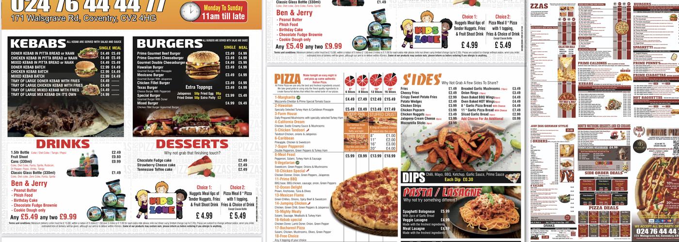 Prime pizza Menu
