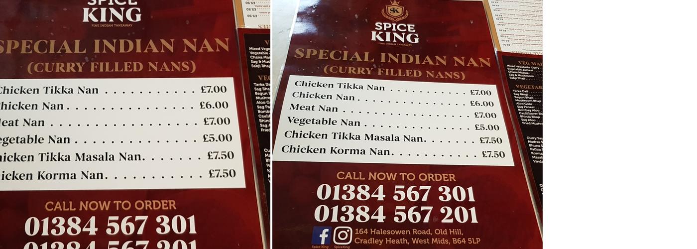 Spice King Menu