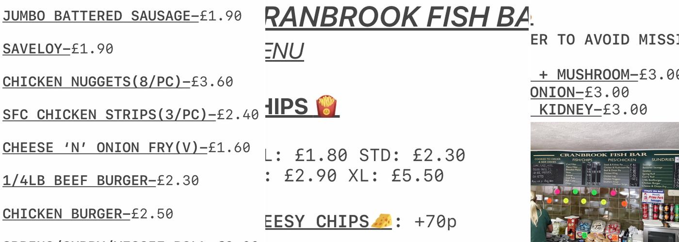 Cranbrook Fish Bar Menu