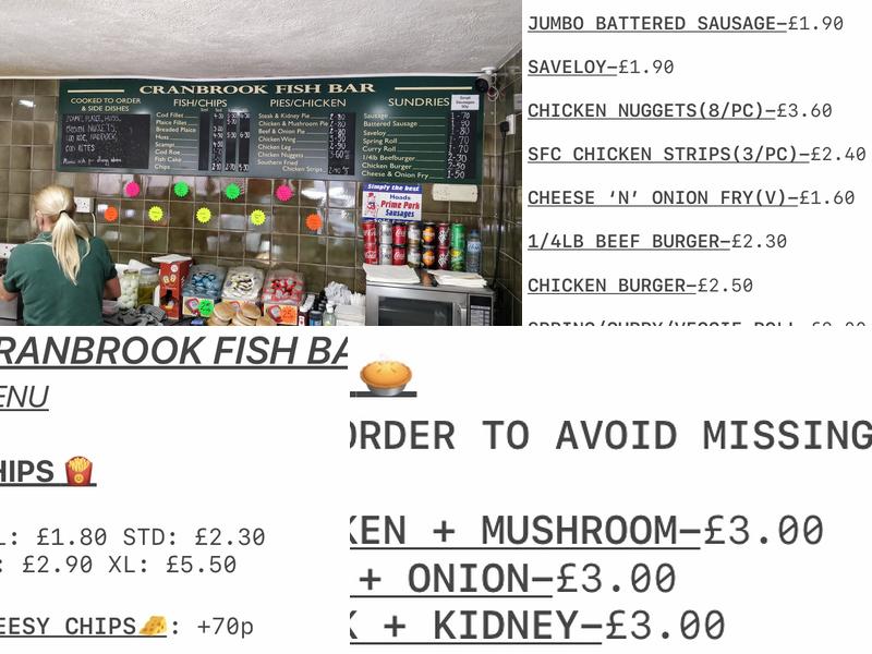 Cranbrook Fish Bar Menu