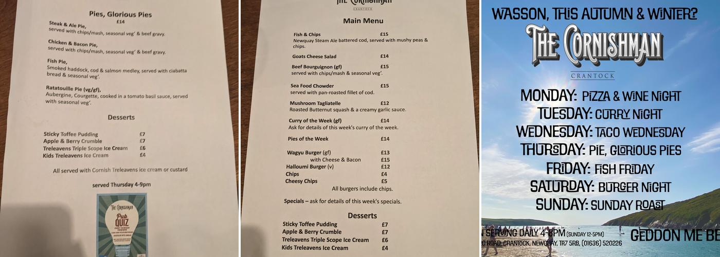 The Cornishman, Crantock Menu
