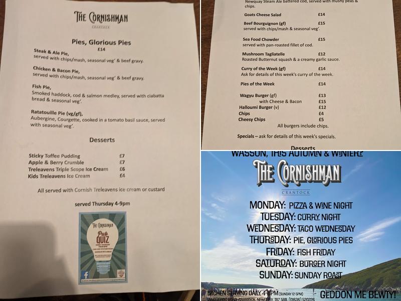 The Cornishman, Crantock Menu