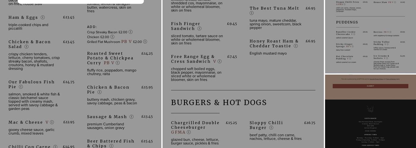 Goffs Manor Pub & Restaurant, Crawley Menu