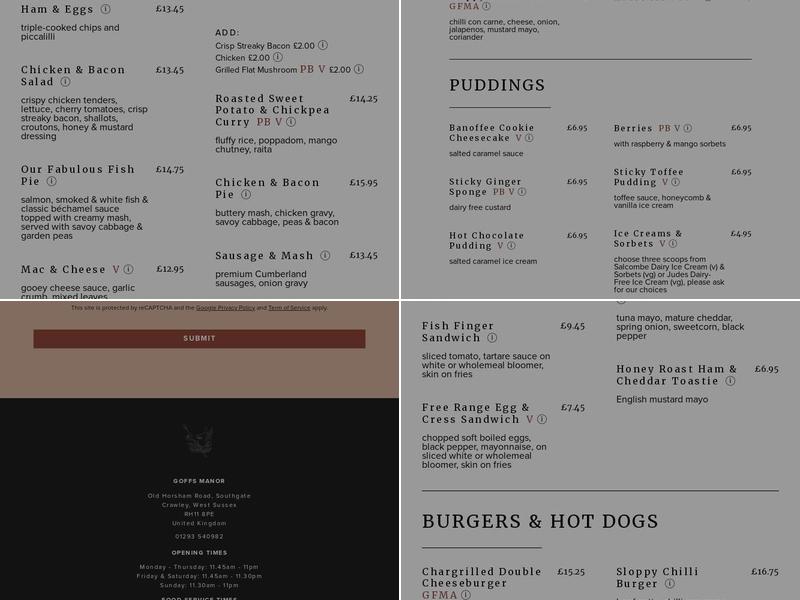 Goffs Manor Pub & Restaurant, Crawley Menu