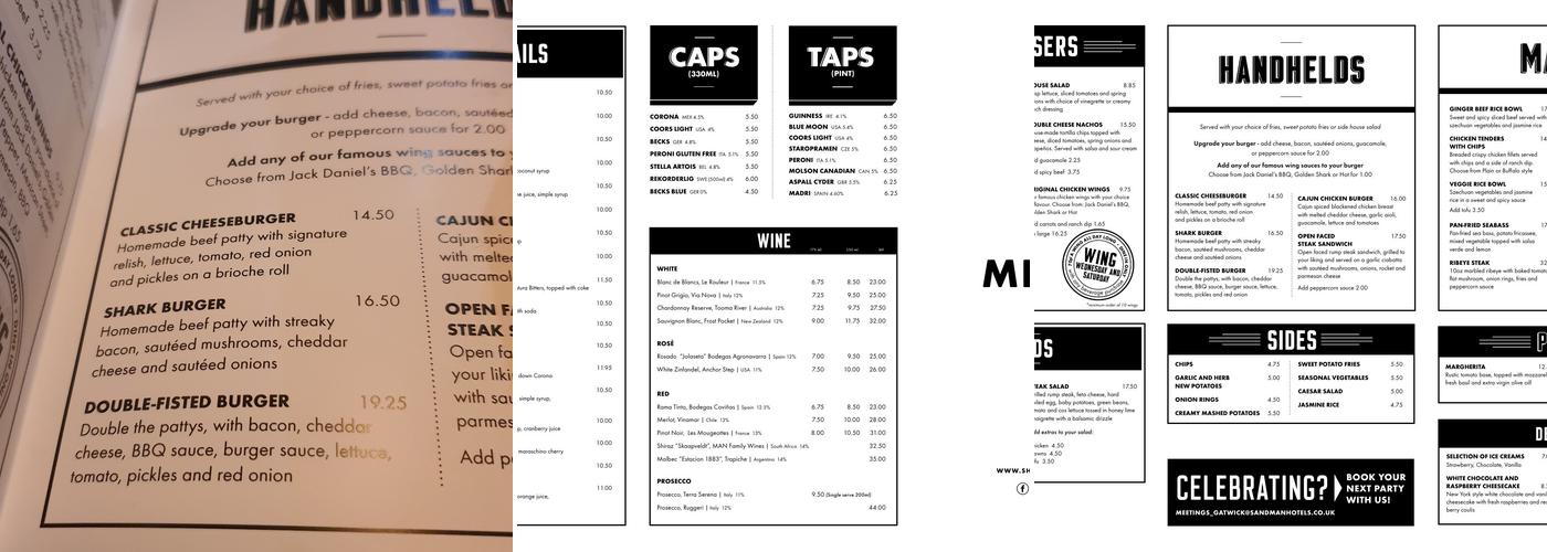 Shark Club London Gatwick Menu
