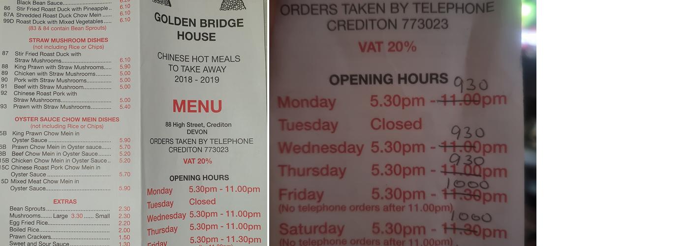 The Golden Bridge House Menu