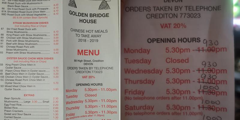 The Golden Bridge House Menu