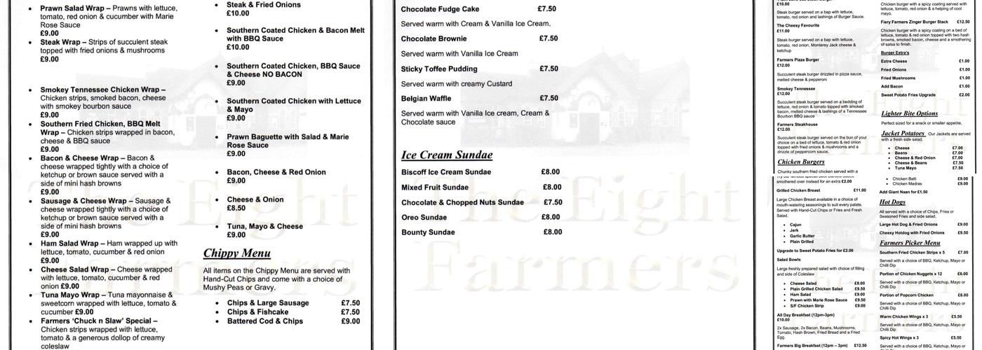 Eight Farmers Crewe Menu