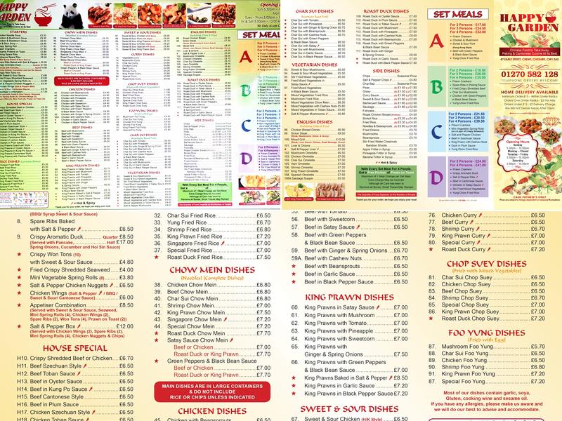 Happy Garden Chinese Takeaway Crewe Menu