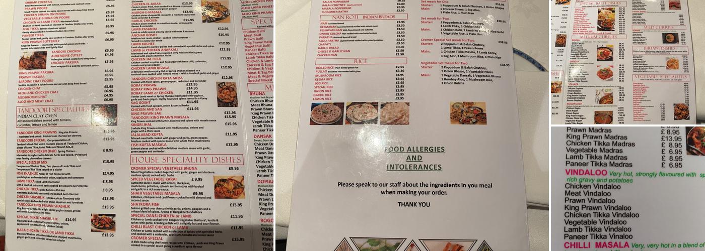 Cromer Tandoori Restaurant Menu